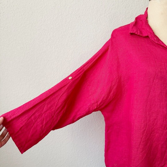 ITALY MADE 100% Linen Roll-Tab Sleeve Gauze Button-Up Shirt in Hot Pink - Picture 3 of 12